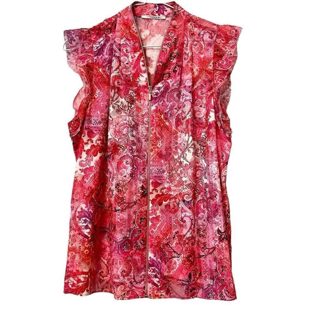 Tahari Floral Paisley Print Full Zip Ruffle Flutter Sleeve Blouse Red Medium
